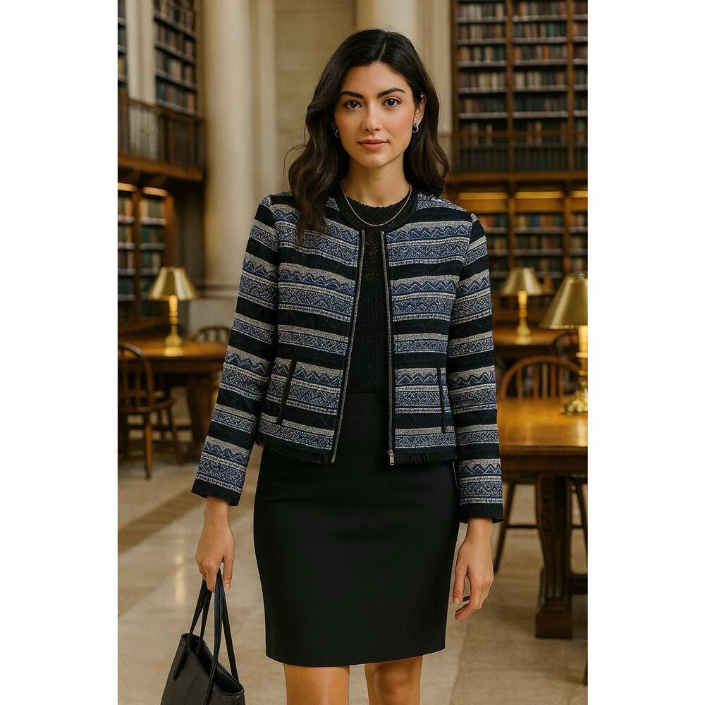 Loft Blue Black & Silver Tweed Aztec Geometric Boho Print Cropped Blazer Size 8